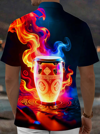 Adaychic Men's Graphic Neon Flame Conga Drum Print Short Sleeve Shirt with Chest Pocket