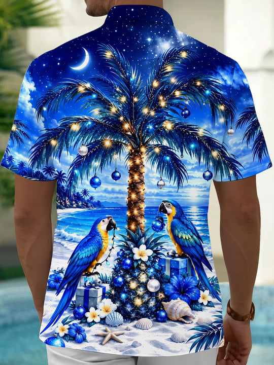 Adaychic Men's Christmas Palm Tree And Parrots Print Short Sleeve Shirt with Chest Pocket