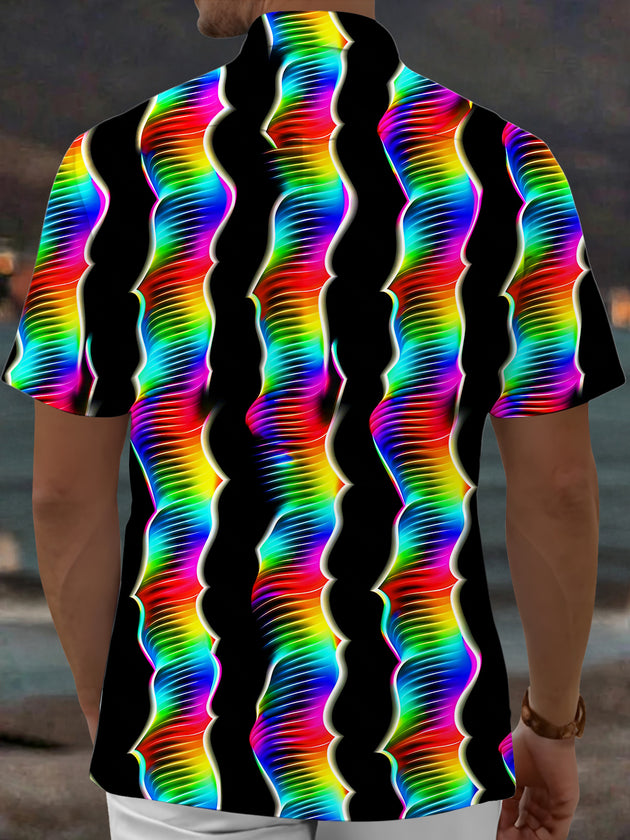 Adaychic Men's Retro Rainbow Wavy Lines Print Short Sleeve Shirt with Chest Pocket