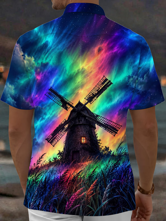 Adaychic Men's Windmill And Aurora Borealis Sky Print Short Sleeve Shirt with Chest Pocket