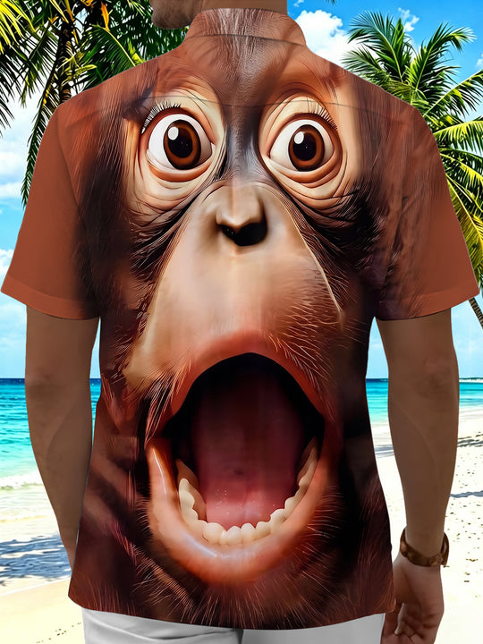 Adaychic Men's 3D Monkey Face Graphic Print Short Sleeve Button Down Shirt with Chest Pocket