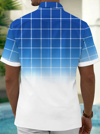 Adaychic Men's Geometric Blue Gradient Plaid Print Short Sleeve Button Down Shirt with Chest Pocket