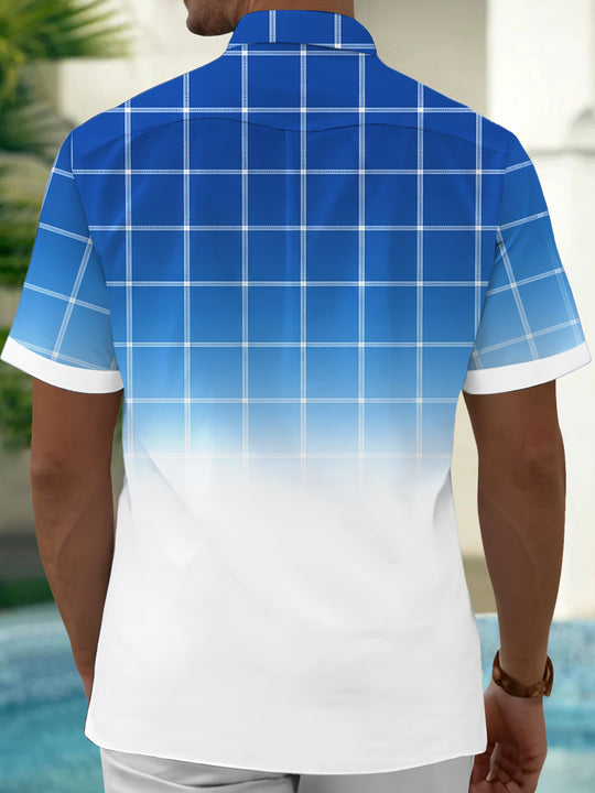 Adaychic Men's Geometric Blue Gradient Plaid Print Short Sleeve Button Down Shirt with Chest Pocket