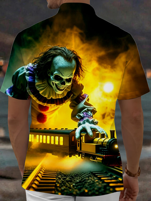 Adaychic Men's Graphic Train Print Halloween Print Short Sleeve Shirt with Chest Pocket