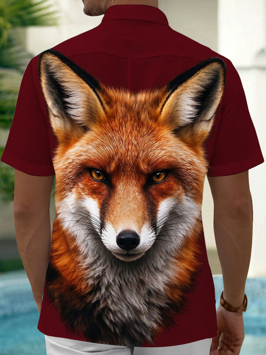 Adaychic Men's Graphic Fox Face Print Short Sleeve Shirt with Chest Pocket