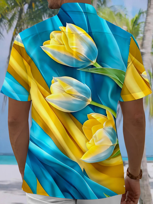 Adaychic Men's Hawaiian Yellow And Blue Floral Print Short Sleeve Shirt with Chest Pocket