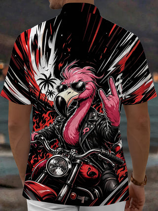 Motorcycle Punk Flamingo Print Men's Pocket Short Sleeve Shirts