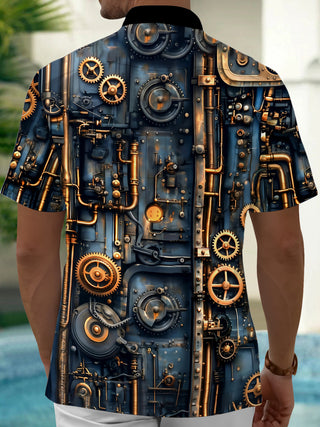 Adaychic Men's Printed Steampunk Gears Print Short Sleeve Shirt with Chest Pocket