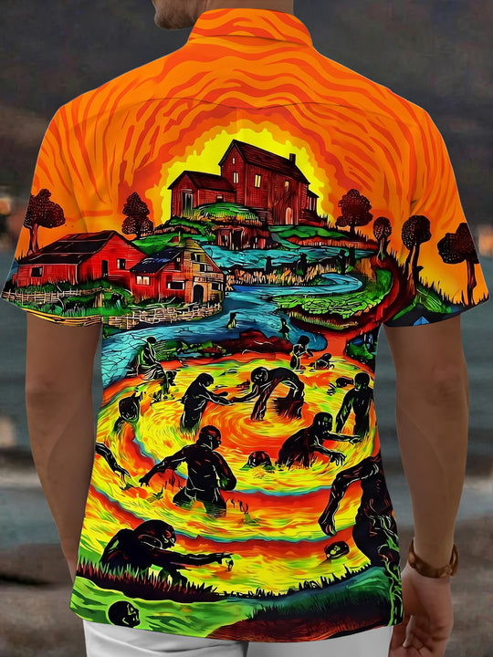 Adaychic Men's Graphic Halloween Print Apocalypse Print Short Sleeve Shirt with Chest Pocket