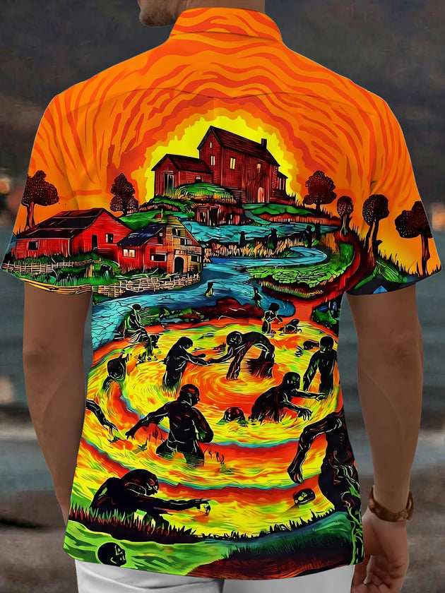 Adaychic Men's Graphic Halloween Print Apocalypse Print Short Sleeve Shirt with Chest Pocket