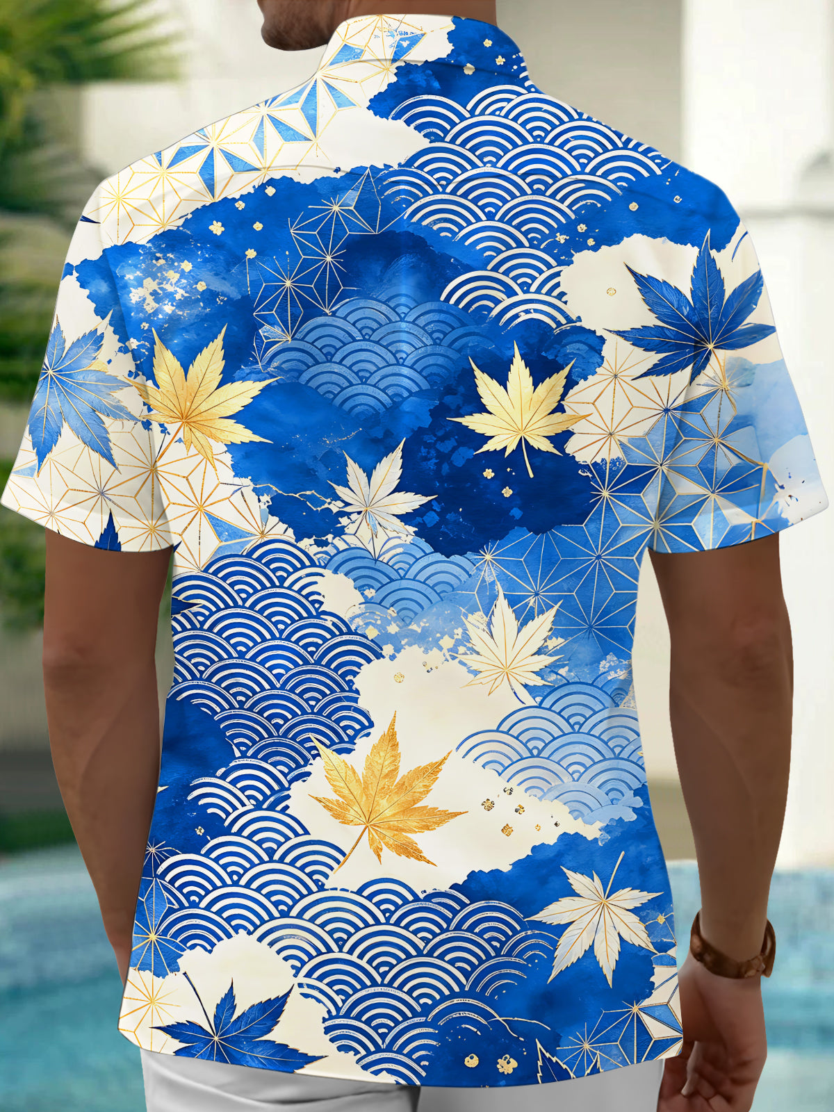 Adaychic Men's Hawaiian Blue And Gold Maple Leaf Print Short Sleeve Shirt with Chest Pocket