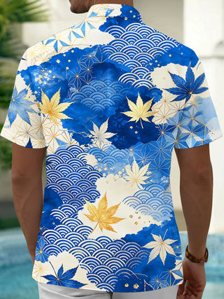Adaychic Men's Hawaiian Blue And Gold Maple Leaf Print Short Sleeve Shirt with Chest Pocket