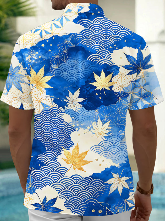 Adaychic Men's Hawaiian Blue And Gold Maple Leaf Print Short Sleeve Shirt with Chest Pocket