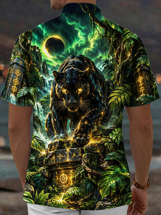 Adaychic Men's Black Panther With Glowing Golden Lines Print Short Sleeve Shirt with Chest Pocket