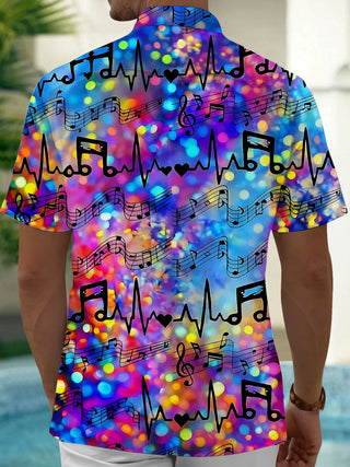 Adaychic Men's Graphic Musical Notes Print Short Sleeve Shirt with Chest Pocket