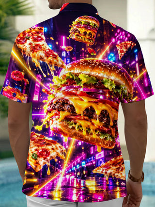 Adaychic Men's Graphic Neon Hamburger And Pizza Slices Print Short Sleeve Shirt with Chest Pocket