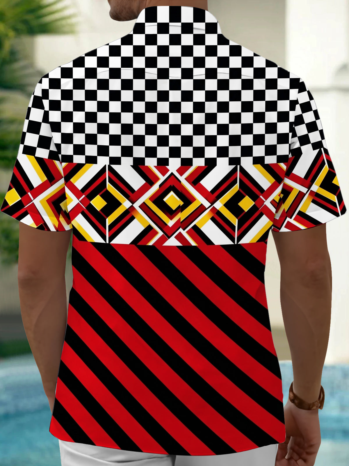 Adaychic Men's Patterned Geometric Checkered Print Short Sleeve Shirt with Chest Pocket
