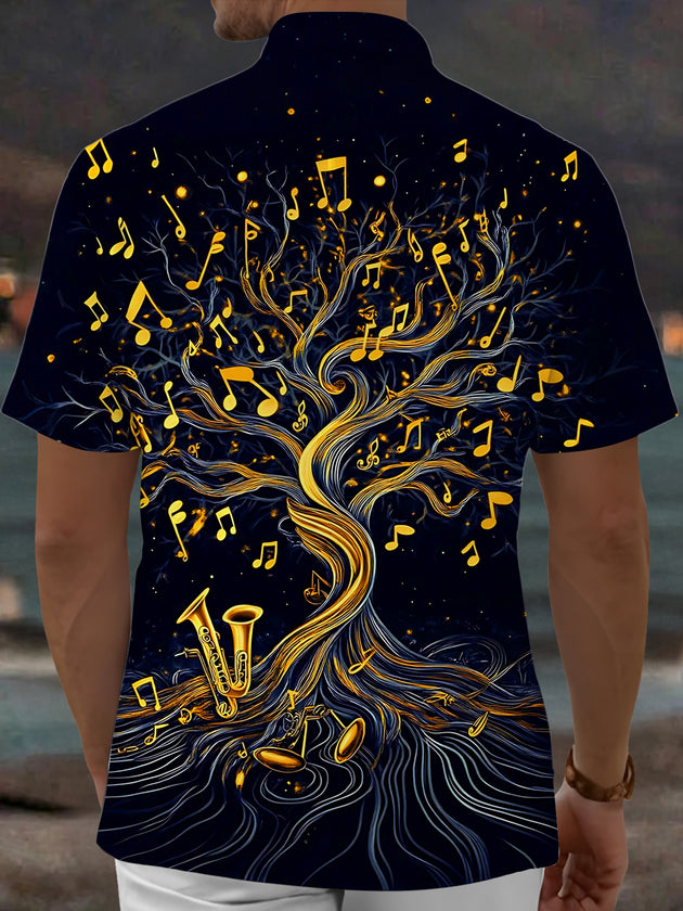 Adaychic Men's Graphic Saxophone Tree Print Short Sleeve Shirt with Chest Pocket
