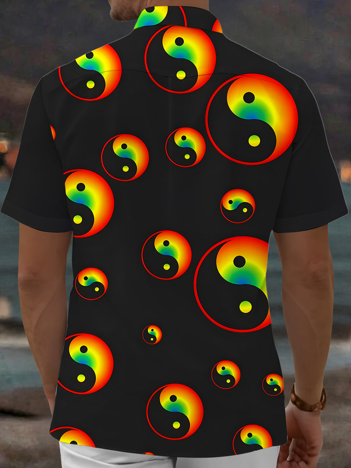 Adaychic Men's Graphic Rainbow Yin Yang Print Short Sleeve Shirt with Chest Pocket