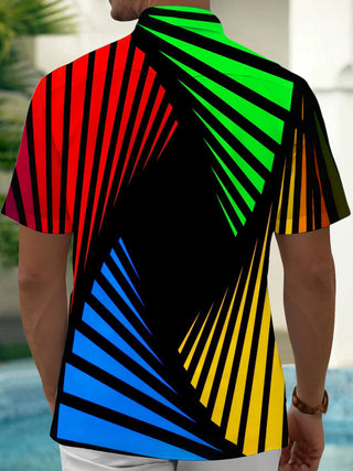 Adaychic Men's Striped Colorful Geometric Stripes Print Short Sleeve Shirt with Chest Pocket