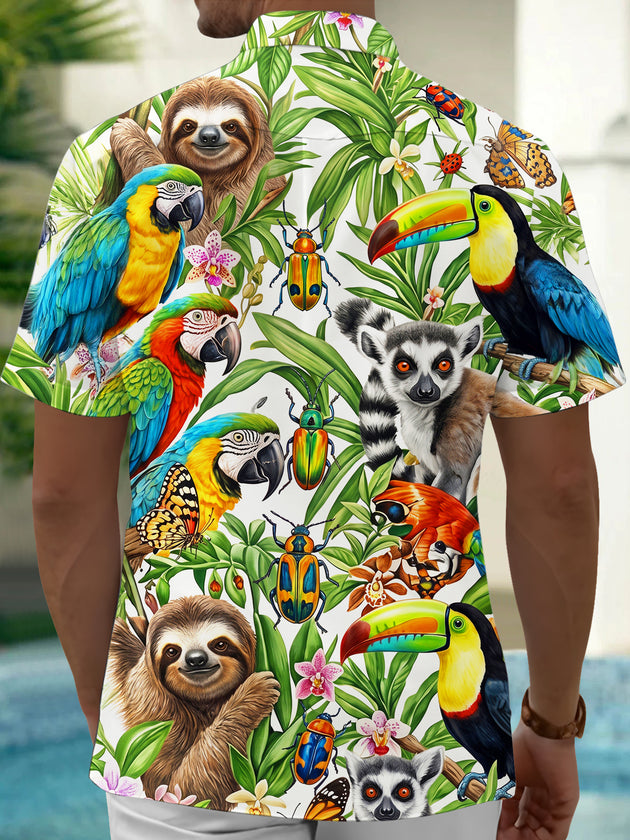 Adaychic Men's Rainforest Animals And Tropical Plants Print Short Sleeve Shirt with Chest Pocket