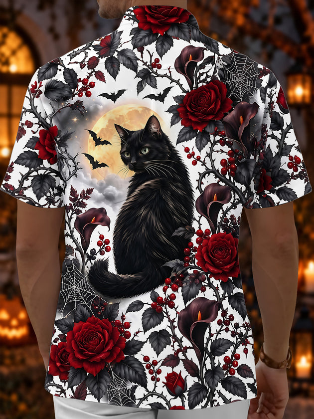 Adaychic Men's Halloween Black Cat With Bats And Moon Print Short Sleeve Shirt with Chest Pocket