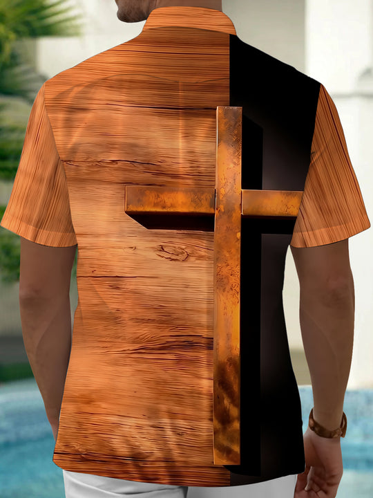 Adaychic Men's Vintage Style Wood Grain Texture Print Short Sleeve Shirt with Chest Pocket