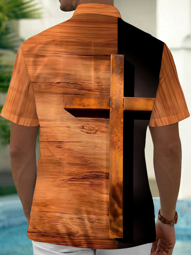 Adaychic Men's Vintage Style Wood Grain Texture Print Short Sleeve Shirt with Chest Pocket