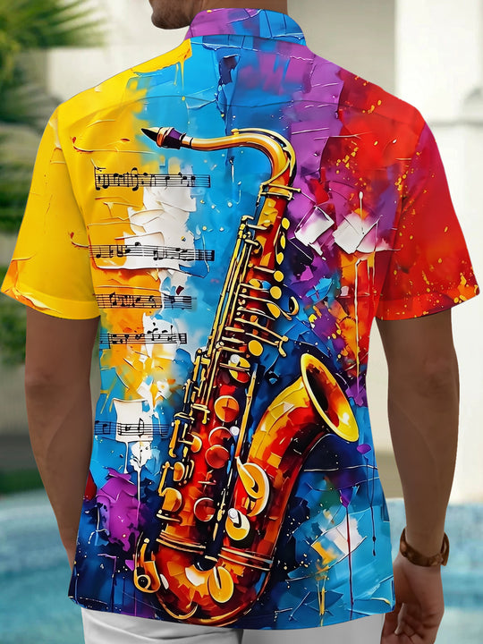 Adaychic Men's Graphic Saxophone Print Musical Notes Print Short Sleeve Shirt with Chest Pocket