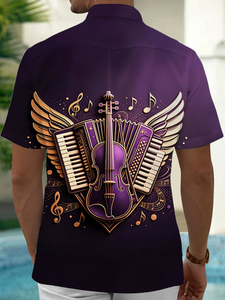 Adaychic Men's Graphic Musical Instruments Print Wings Print Short Sleeve Shirt with Chest Pocket
