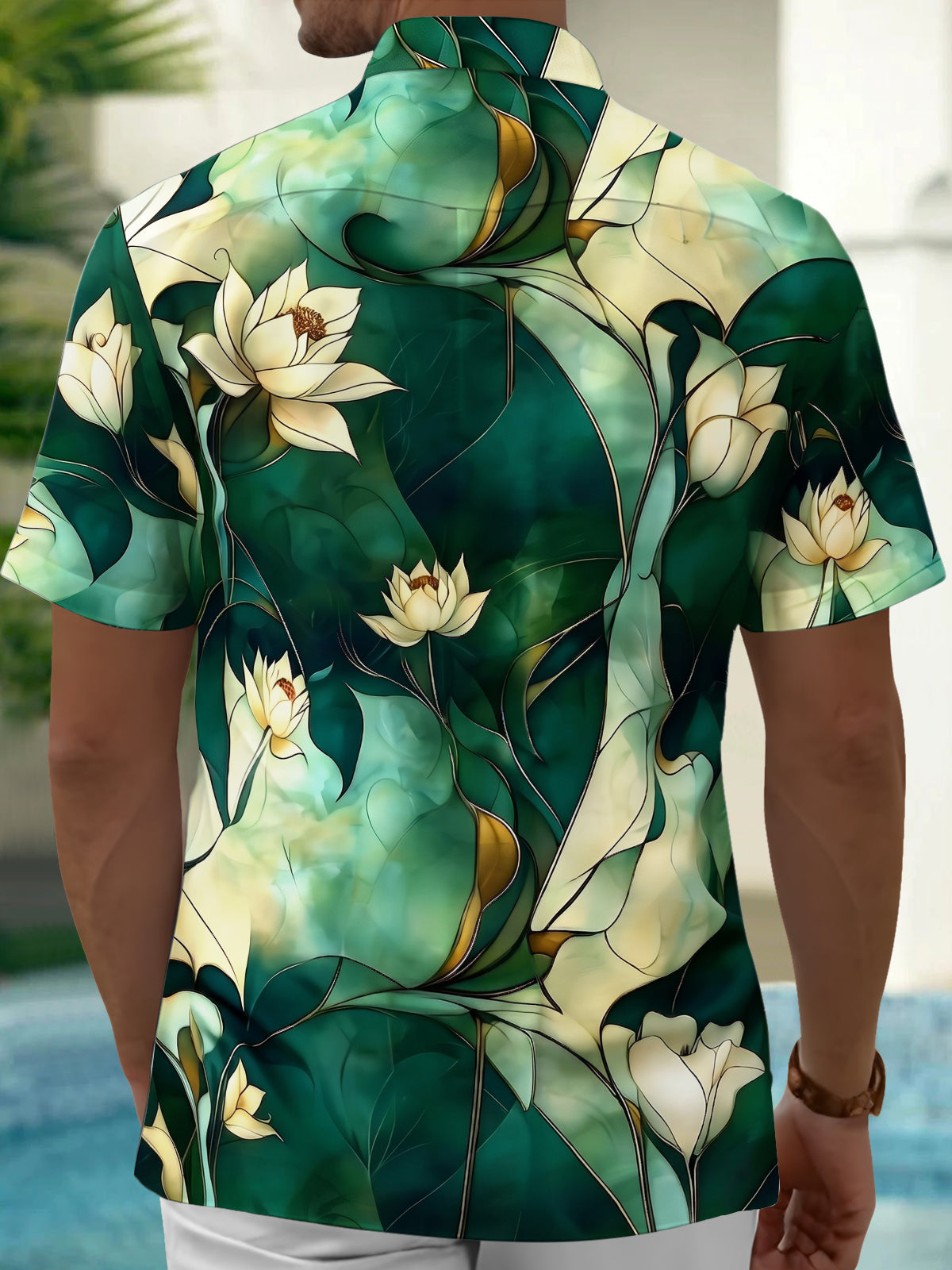 Adaychic Men's Hawaiian White Lotus Flowers Print Short Sleeve Shirt with Chest Pocket