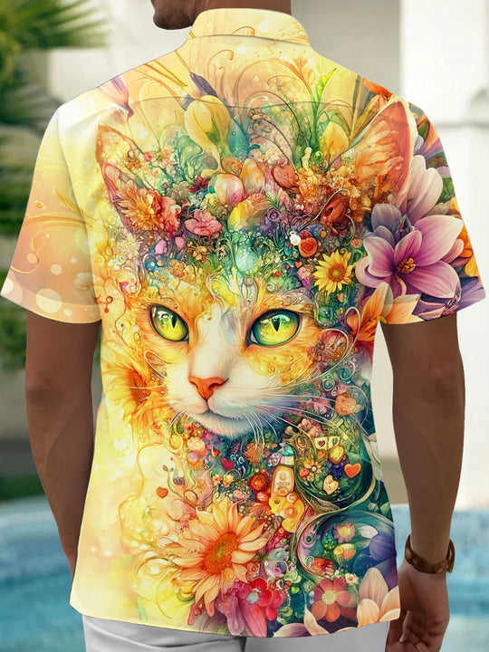 Adaychic Men's Hawaiian Cat Face Print Floral Pattern Short Sleeve Shirt with Chest Pocket