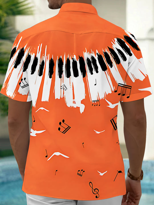 Adaychic Men's Hawaiian Piano Keyboard Print Short Sleeve Shirt with Chest Pocket