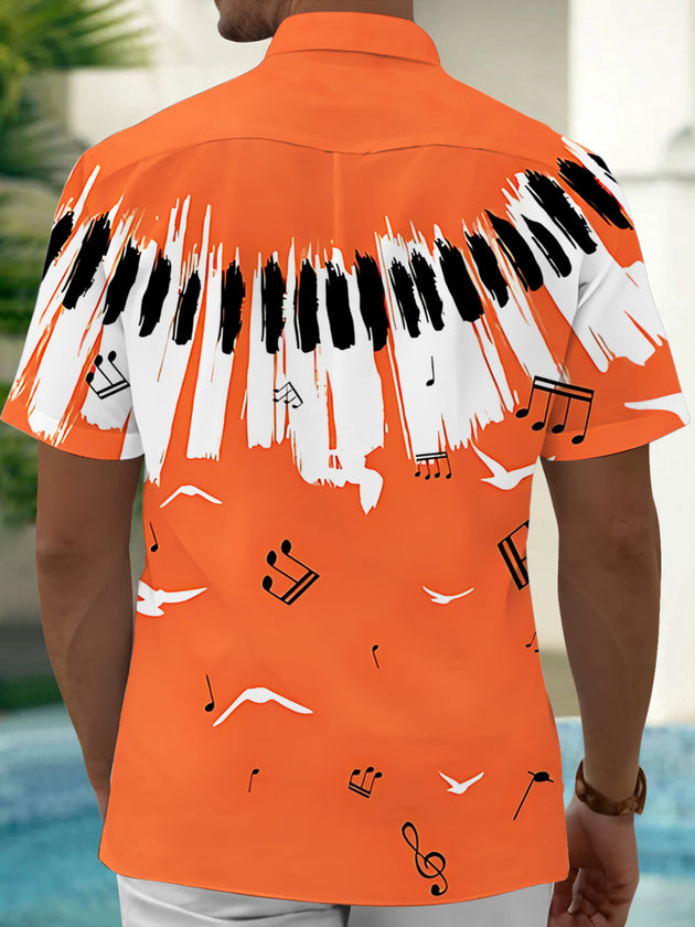 Adaychic Men's Hawaiian Piano Keyboard Print Short Sleeve Shirt with Chest Pocket
