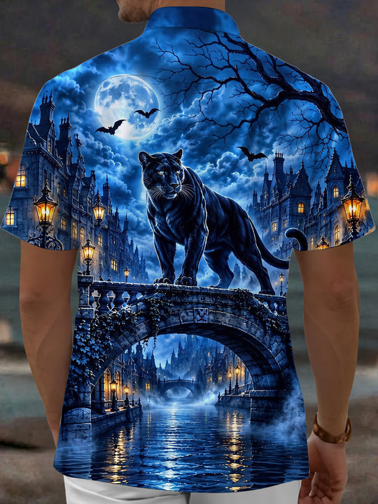 Adaychic Men's Short Sleeve Shirt - Halloween Black Panther On Bridge With Moon And Bats Print with Chest Pocket