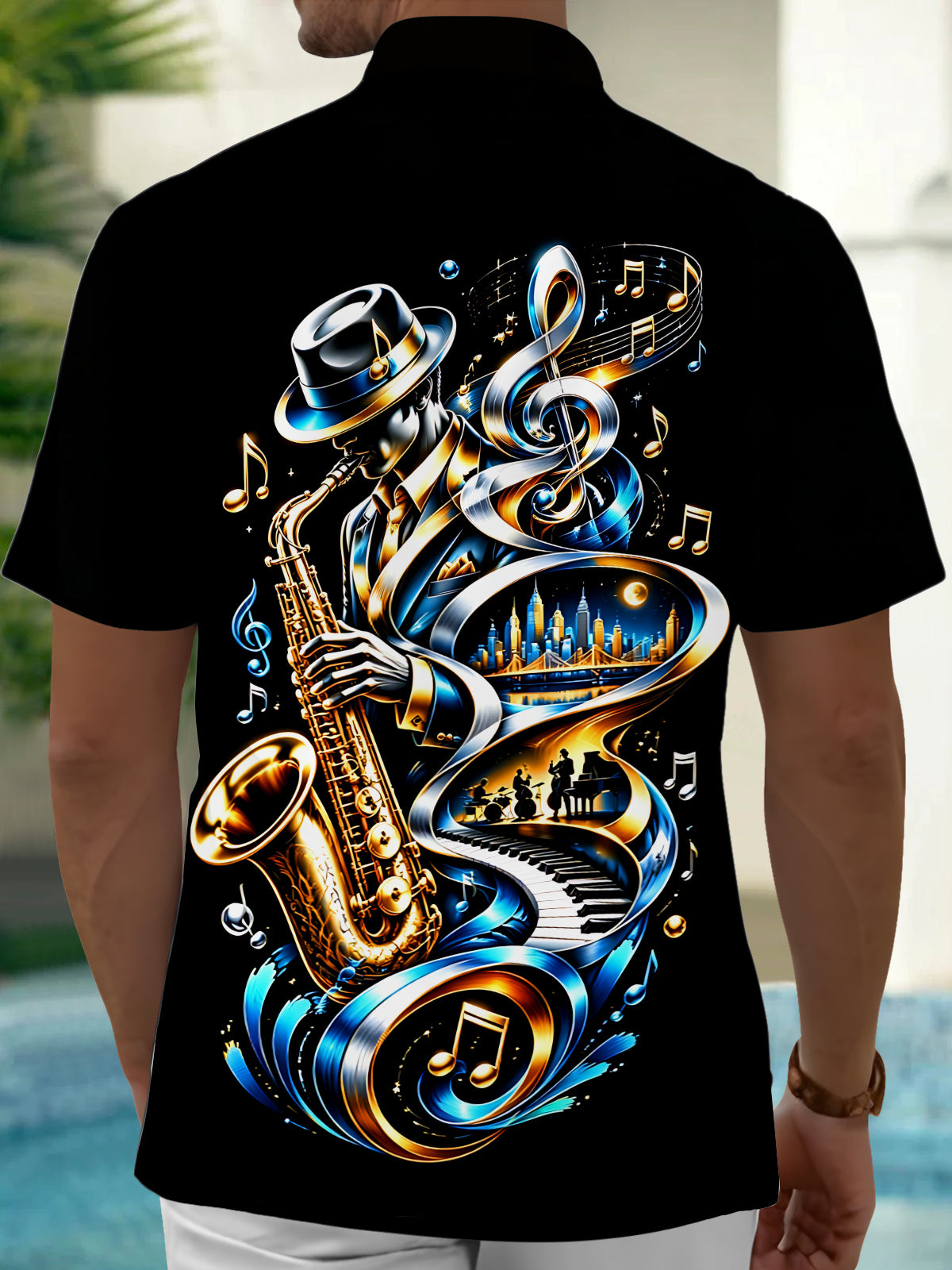 Adaychic Men's Graphic Jazz Saxophone Player Print Short Sleeve Shirt with Chest Pocket