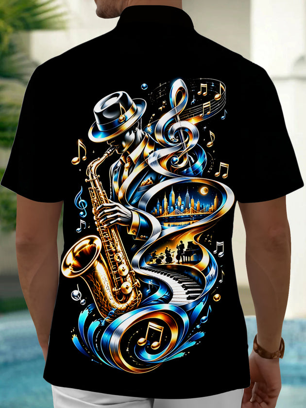 Adaychic Men's Graphic Jazz Saxophone Player Print Short Sleeve Shirt with Chest Pocket