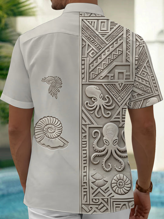 Adaychic Men's Vintage Style 3D Relief Octopus Print Short Sleeve Shirt with Chest Pocket