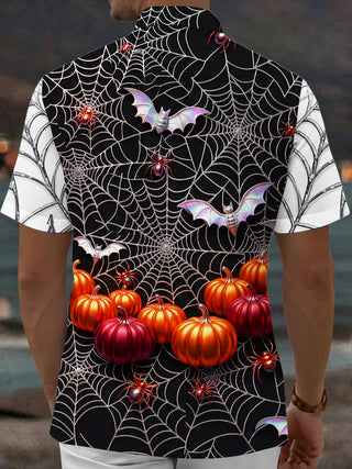 Adaychic Men's Short Sleeve Shirt - Halloween Pumpkins Bats Spiders And Spiderwebs Print with Chest Pocket