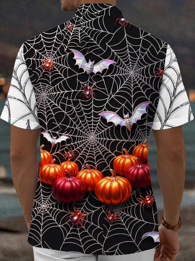 Adaychic Men's Short Sleeve Shirt - Halloween Pumpkins Bats Spiders And Spiderwebs Print with Chest Pocket