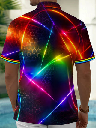 Adaychic Men's Graphic Abstract Neon Hexagon Geometric Print Short Sleeve Button Down Shirt with Chest Pocket