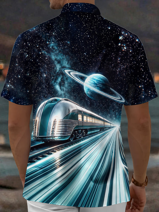 Adaychic Men's Graphic Interstellar Train And Planet Print Short Sleeve Shirt with Chest Pocket