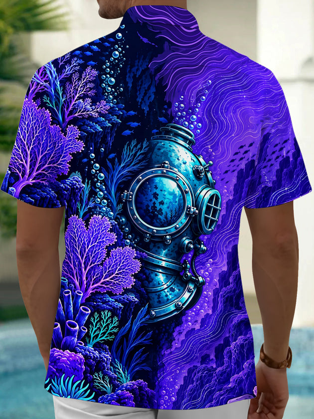 Adaychic Men's Short Sleeve Shirt - Vintage Diving Helmet And Underwater Coral Reef Print with Chest Pocket