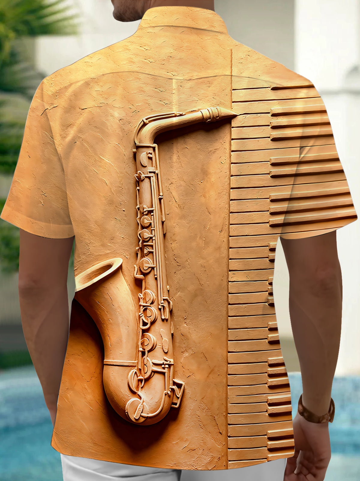 Adaychic Men's Vintage Style 3D Relief Saxophone Print Short Sleeve Shirt with Chest Pocket
