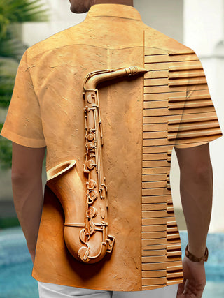 Adaychic Men's Vintage Style 3D Relief Saxophone Print Short Sleeve Shirt with Chest Pocket