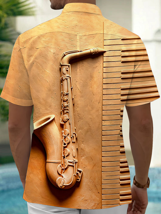 Adaychic Men's Vintage Style 3D Relief Saxophone Print Short Sleeve Shirt with Chest Pocket
