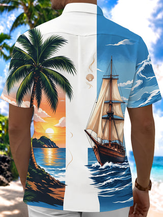 Adaychic Men's Sailing Ship And Palm Tree Sunset Print Short Sleeve Shirt with Chest Pocket