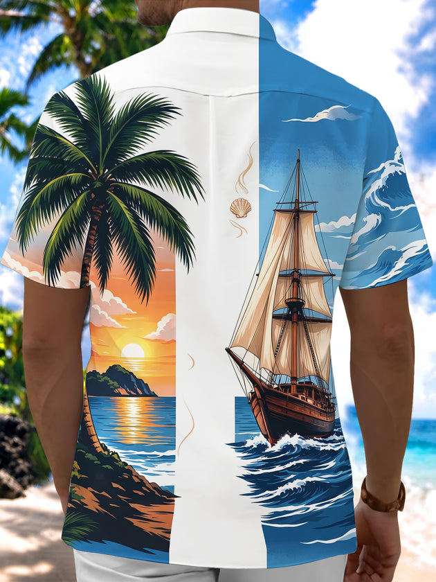 Adaychic Men's Sailing Ship And Palm Tree Sunset Print Short Sleeve Shirt with Chest Pocket