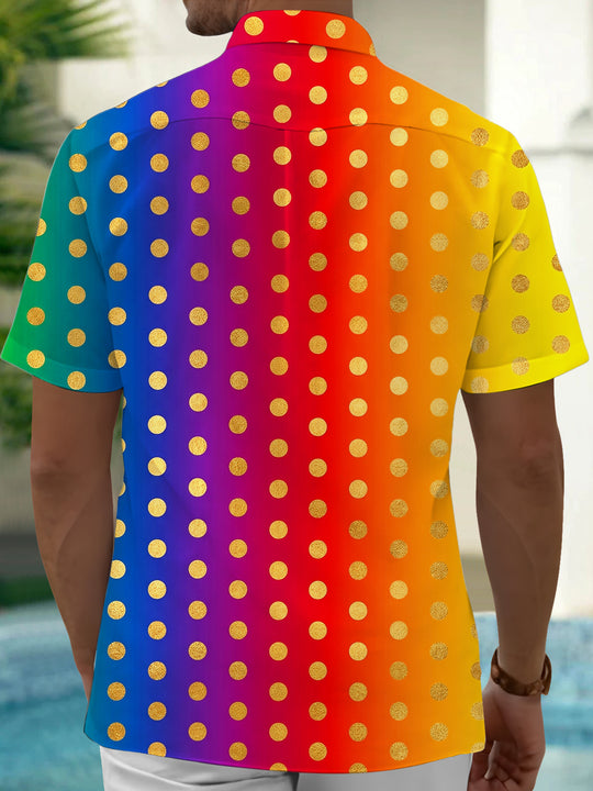 Adaychic Men's Geometric Gradient Gold Polka Dot Print Short Sleeve Button Down Shirt with Chest Pocket