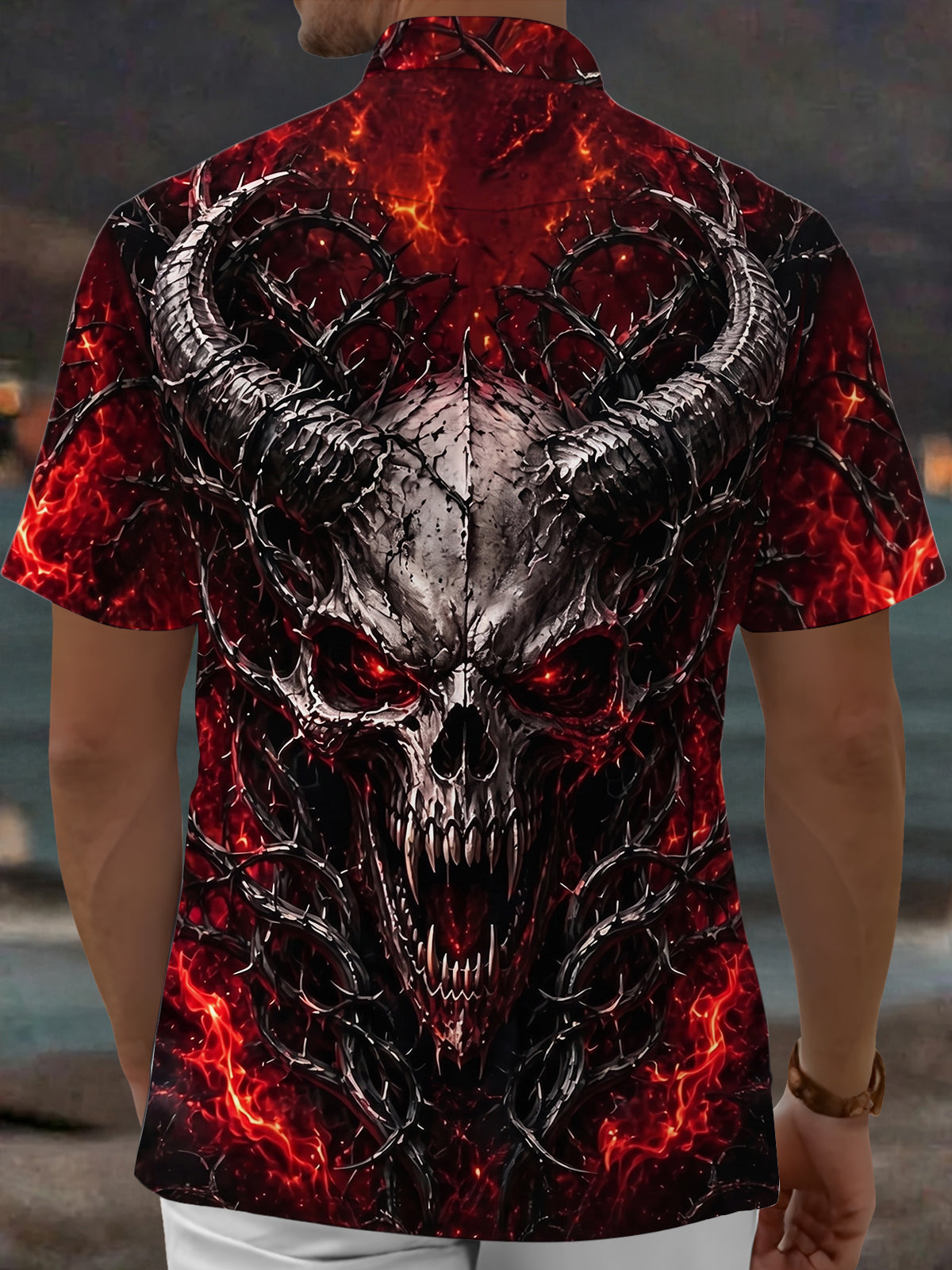 Adaychic Men's Graphic Demon Skull Print Short Sleeve Shirt with Chest Pocket